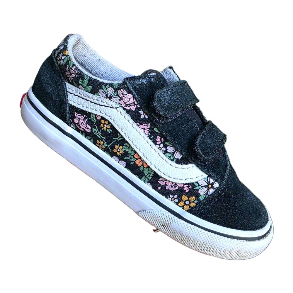 Vans Old Skool V Sneakers Youth Girl Size 10 Flower Fun Floral Black Hook & Loop